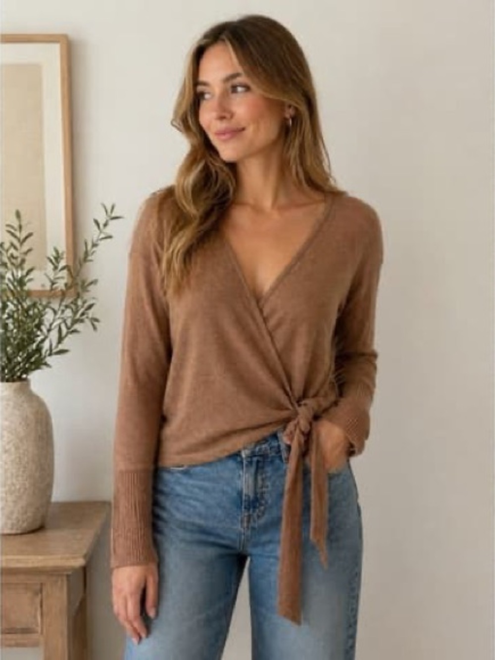 Abercrombie & Fitch Soft Cozy Wrap Top Tie Waist Knit Long Sleeve Brown sz M